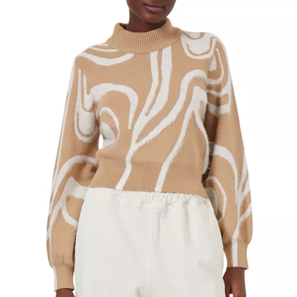 French Connection Tan and White Cowl Neck Sweater